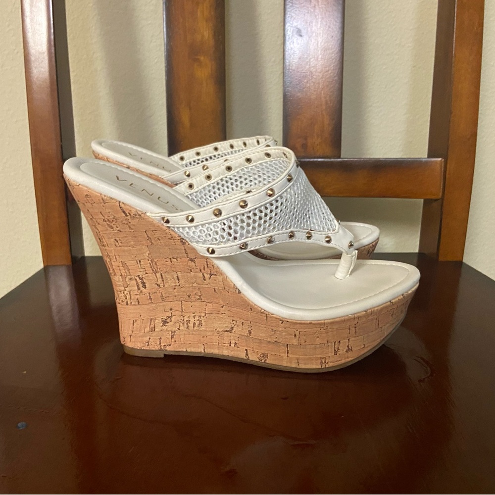 VENUS Cream Wedge Sandals with Cork Heel